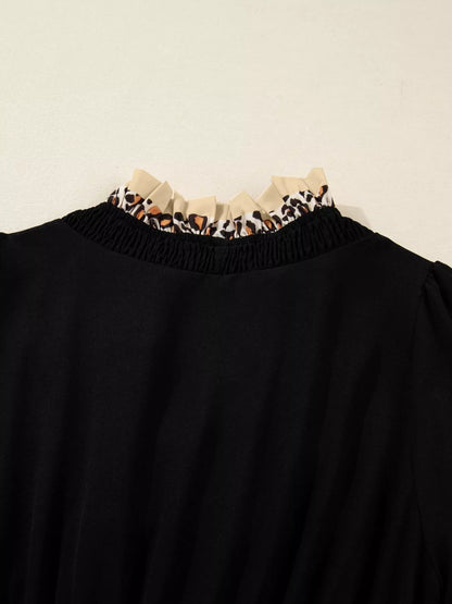 Sarah Express Women's Contrast Leopard Frilled Trim V Neck Bracelet Sleeve Midi Dress