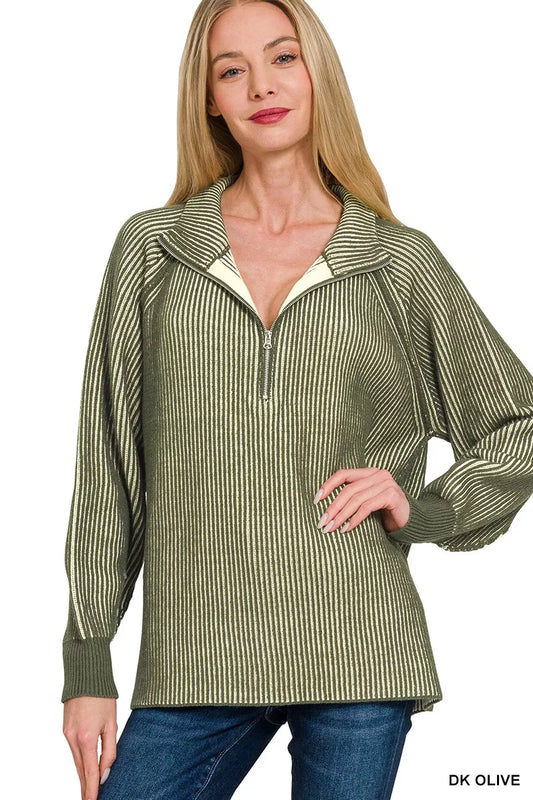 Sarah Express Women's Ribbed Two Tone Half Zip Sweater