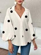 Sarah Express Women's Polka Dot Balloon Sleeve Blouse - Oversized Button-Up Top