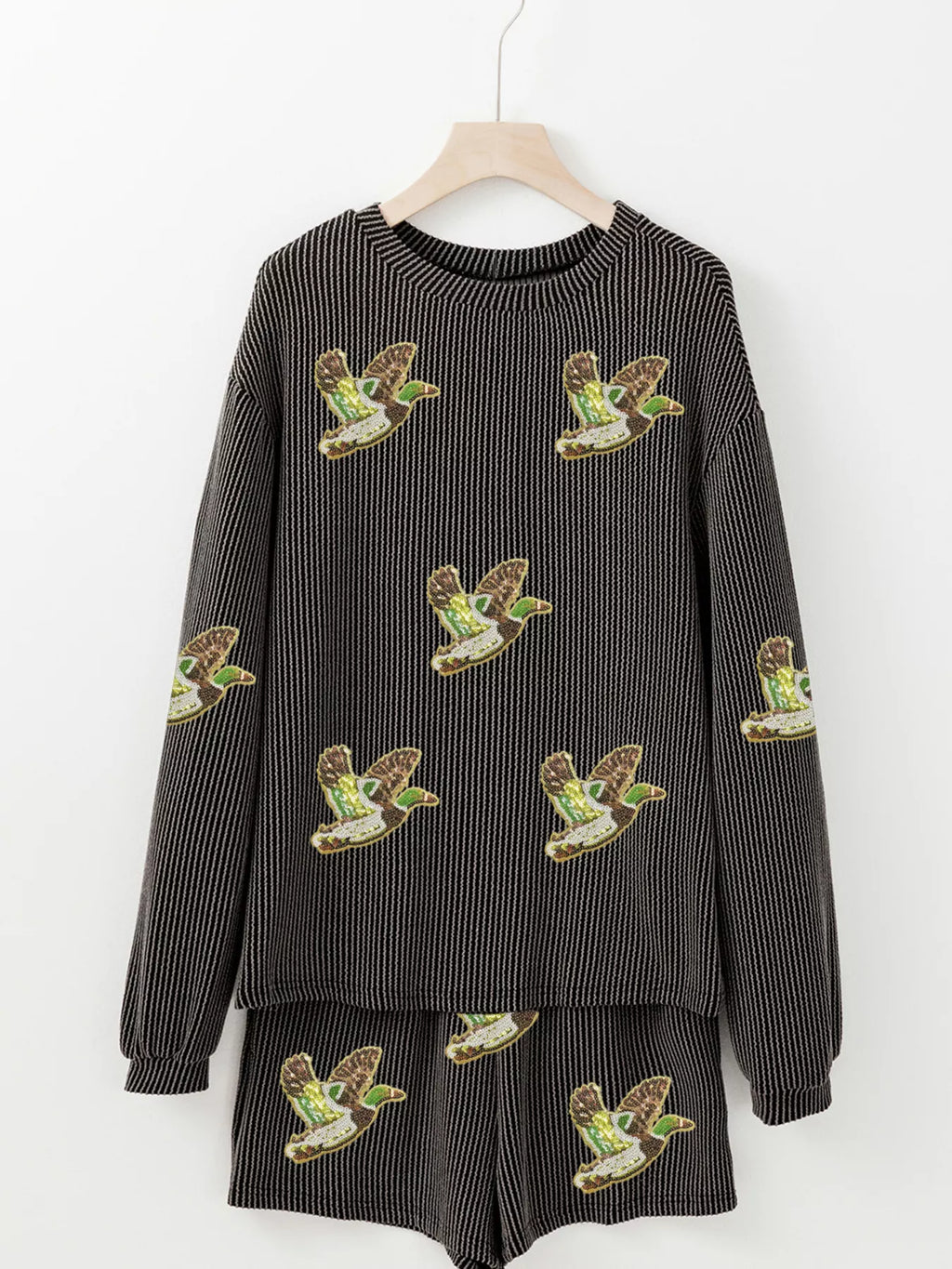 Sarah Express Women's Flying Mallard Sequin Patched Ribbed Long Sleeve Top and Shorts Set