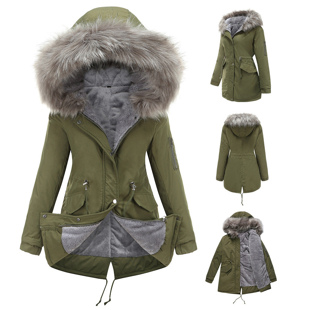 Sarah Express Women's Mid-Length Cotton Padded Hooded Parka Coat Loose Fit Winter Jacket