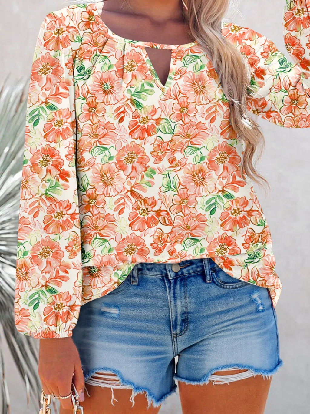 Sarah Express Women's Floral Print Keyhole Neck Blouse