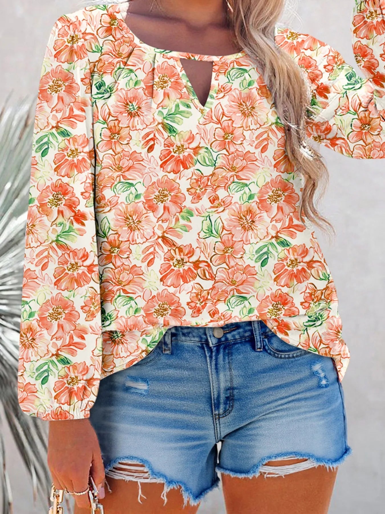 Sarah Express Women's Floral Print Keyhole Neck Blouse