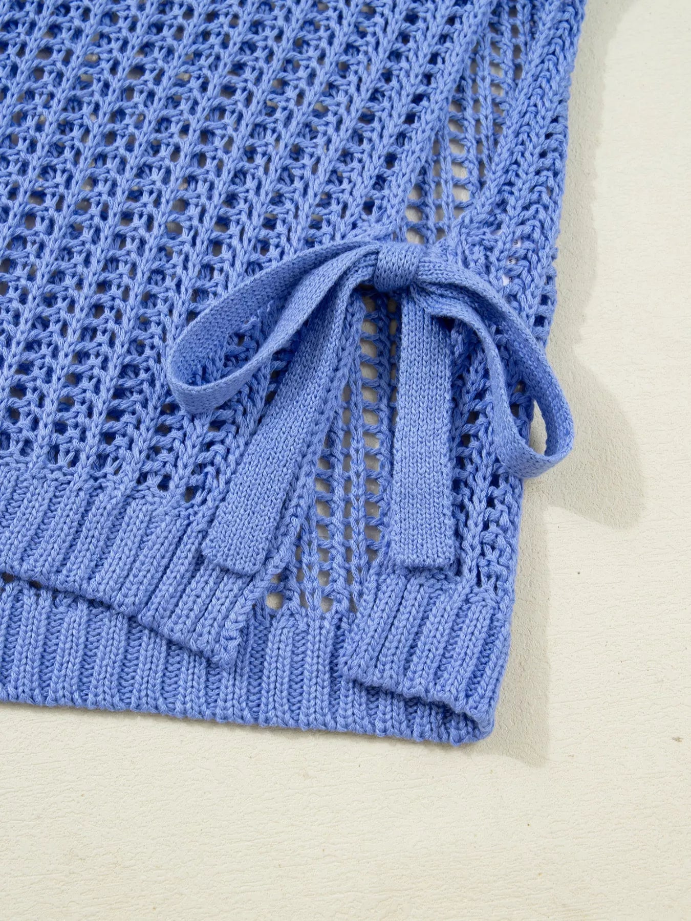 Sarah Express Women's Plus Size Open Knit Bow Tie Short Sleeve Sweater