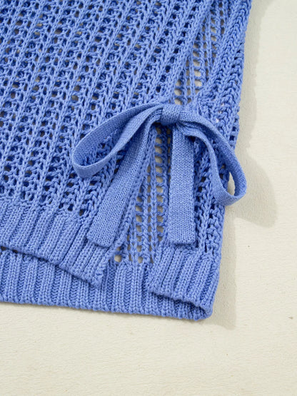 Sarah Express Women's Plus Size Open Knit Bow Tie Short Sleeve Sweater