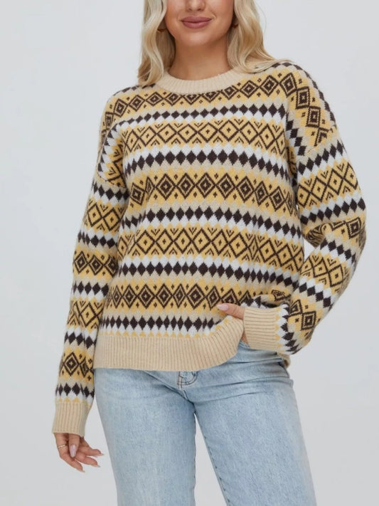 Sarah Express Women's Geometric Pattern Round Neck Sweater - Oversized Cozy Knitwear Mustard