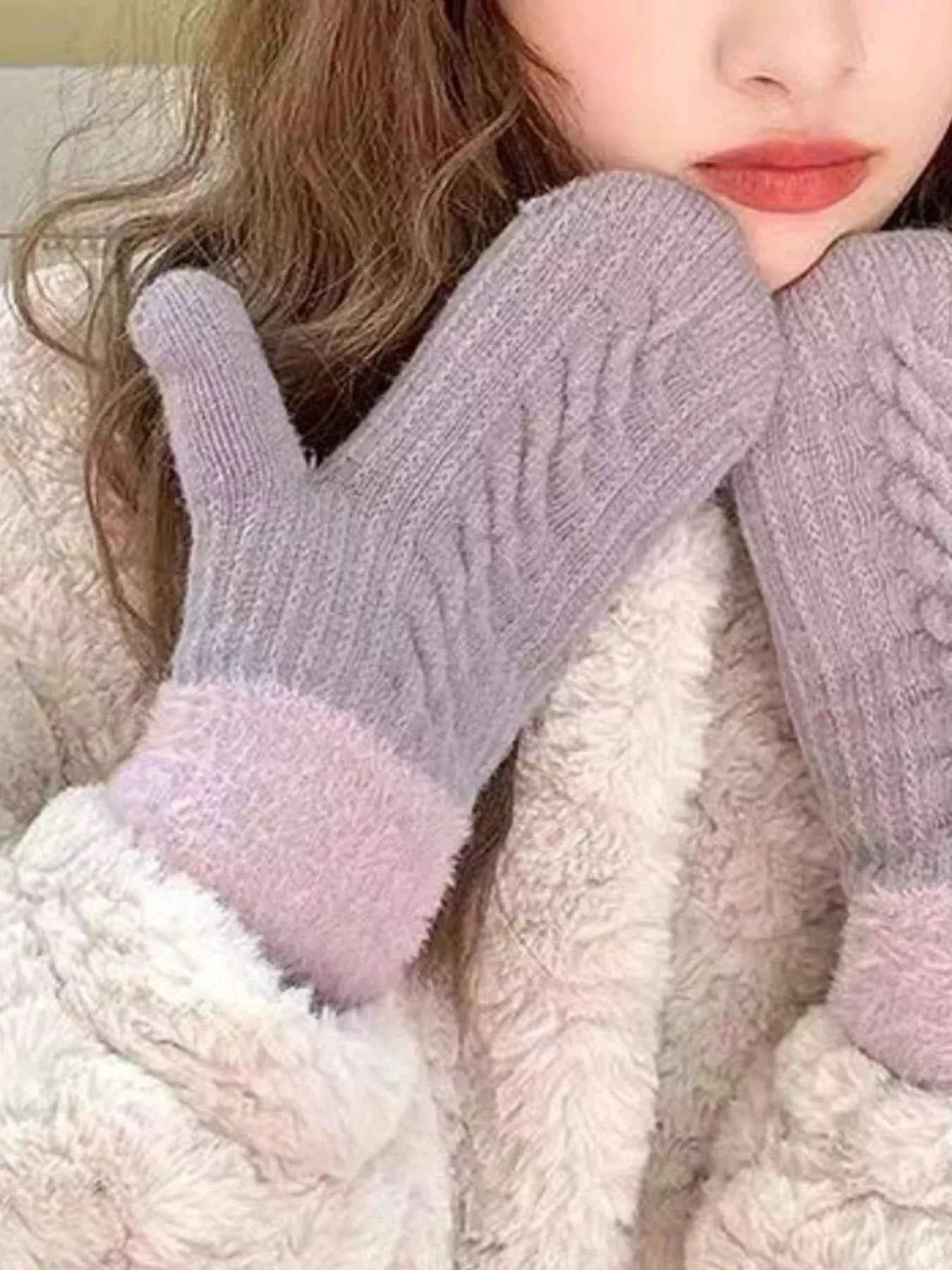 Sarah Express Women's Cozy Knit Mittens with Fur Cuff - Winter Gloves Lilac One Size