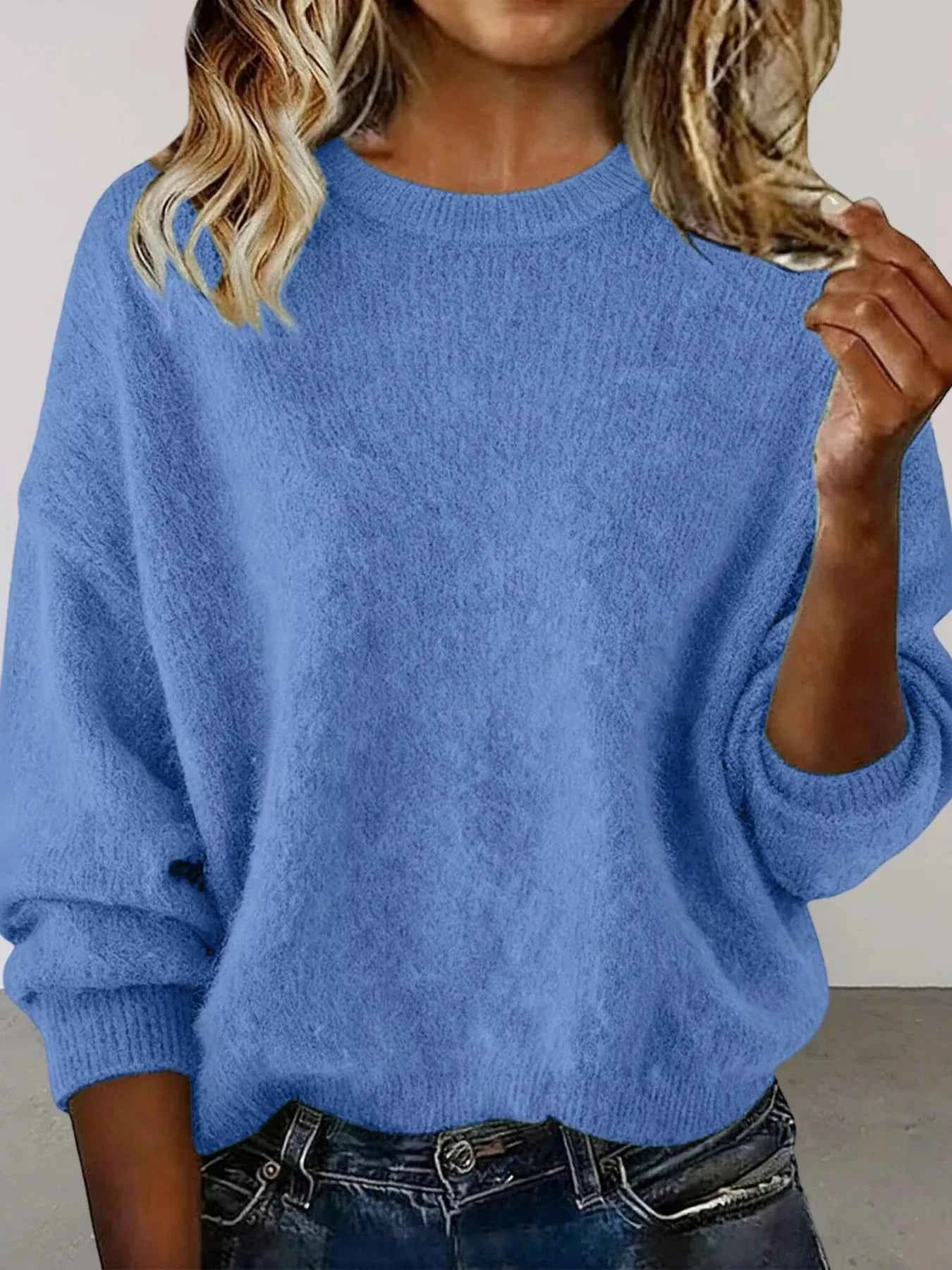 Sarah Express Women's Round Neck Dropped Shoulder Sweater - Plus Size Blue
