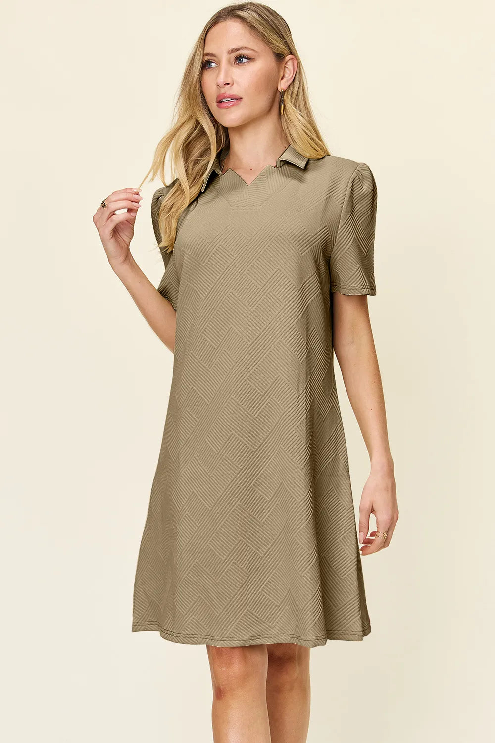 Sarah Express Women's Textured Collared Neck Short Sleeve Dress Khaki