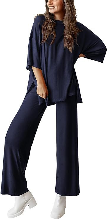 Sarah Express Two Piece Pullover Top Wide Leg Pants Set Polyester