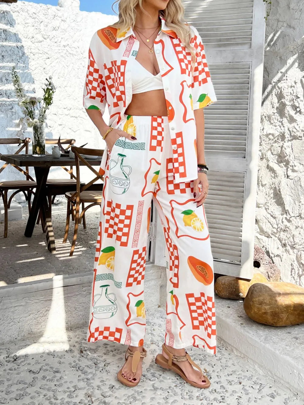 Sarah Express Women's Printed Collared Neck Half Sleeve Top and Pants Set Tangerine