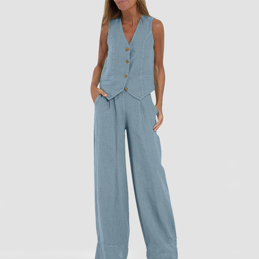 Sarah Express Women's V-Neck Button Vest and Straight Pants Two Piece Set