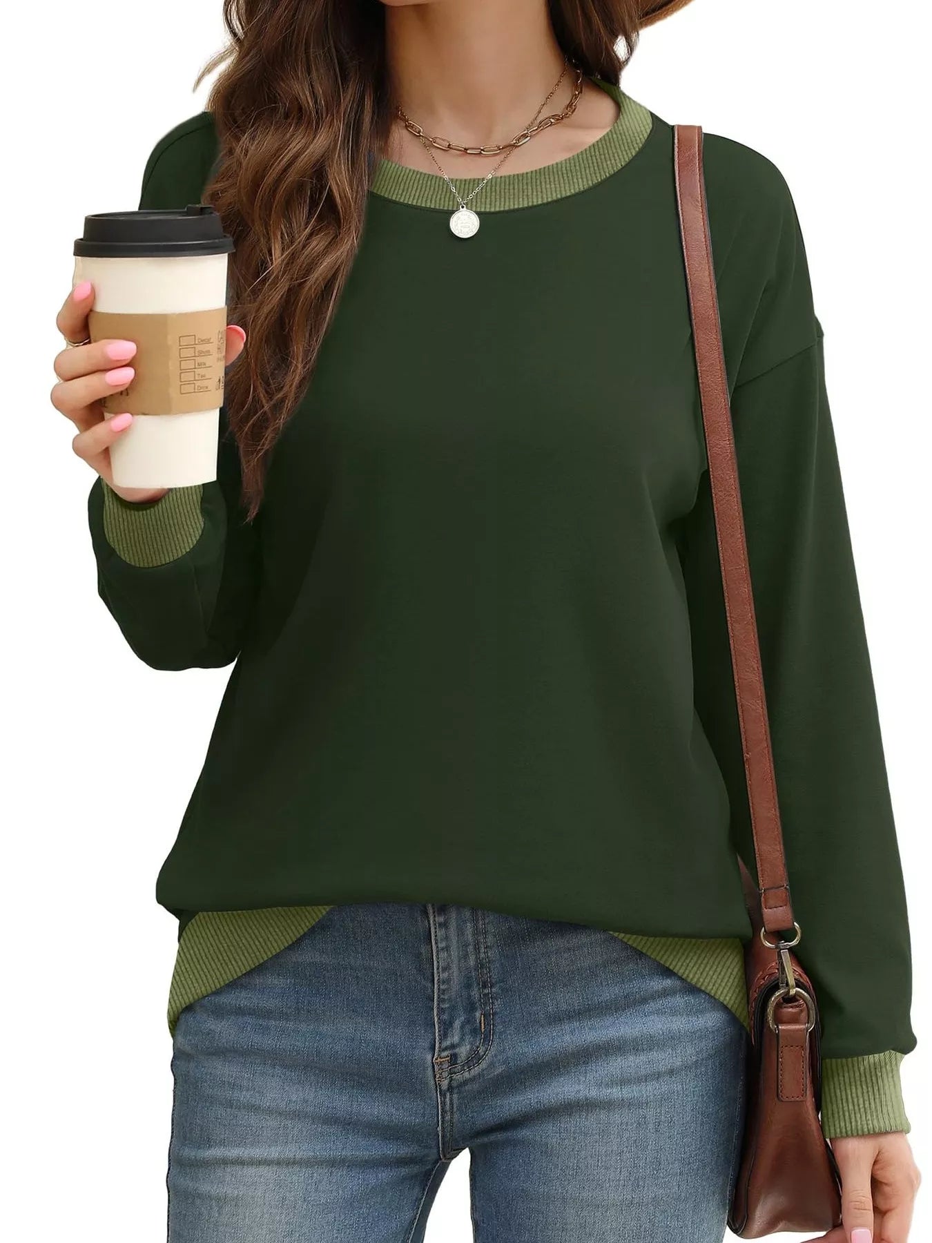 Sarah Express Women's Contrast Trim Crew Neck Casual Sweatshirt