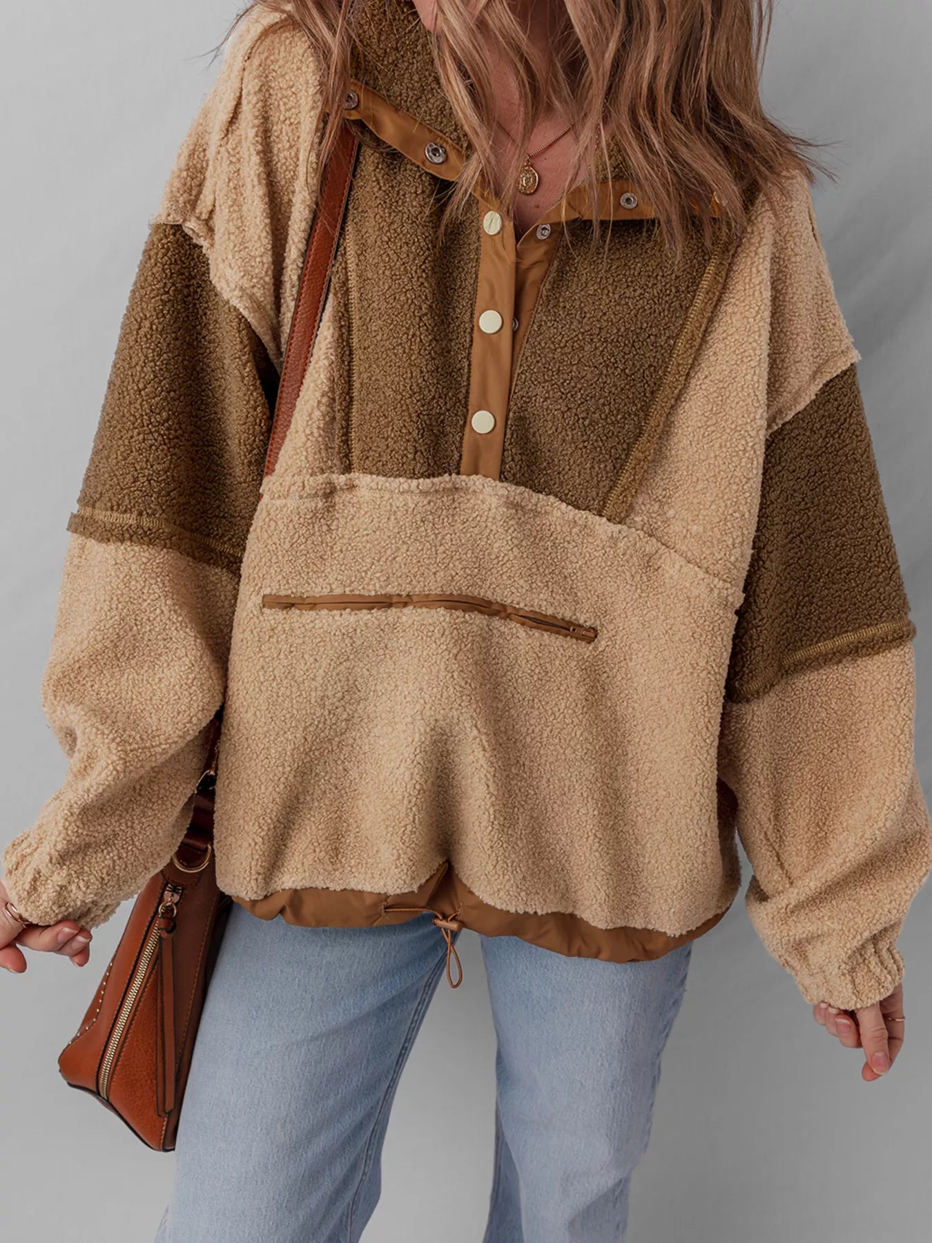 Sarah Express Women's Color Block Patchwork Half Button Sherpa Sweatshirt