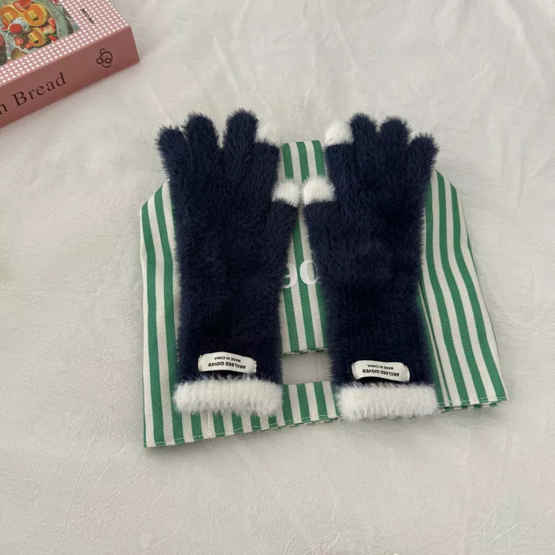 Sarah Express Women's Warm Plush Contrast Knitted Gloves Navy Blue One Size
