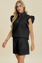 Sarah Express Women’s Plus Size Textured Flounce Sleeve Top and Shorts Set