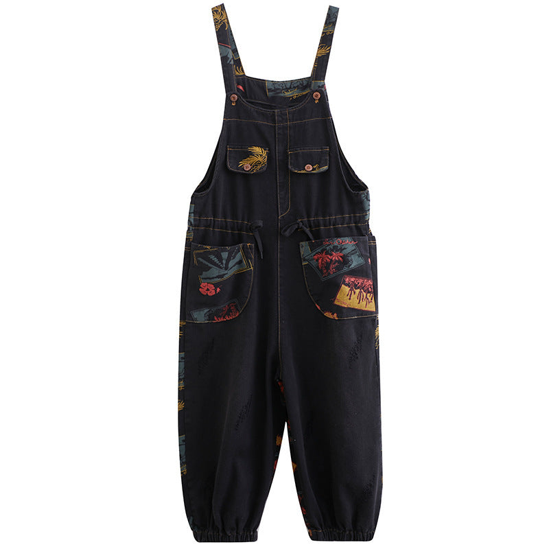 Sarah Express Floral Print Denim Overalls Plus Size Suspender Jeans Cropped