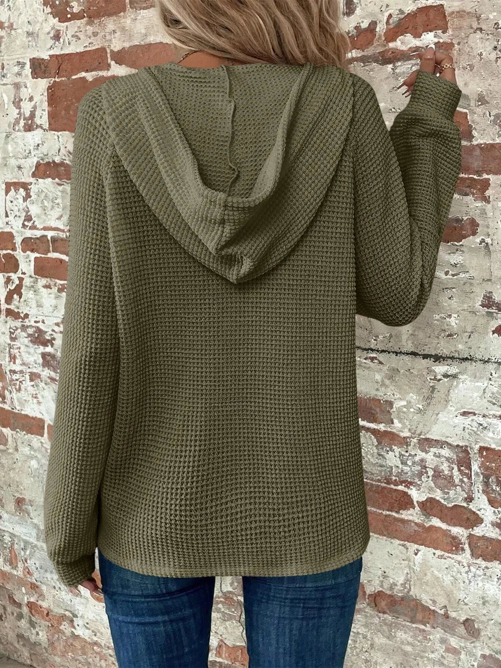 Sarah Express Women's Waffle Knit Long Sleeve Drawstring Hooded Top