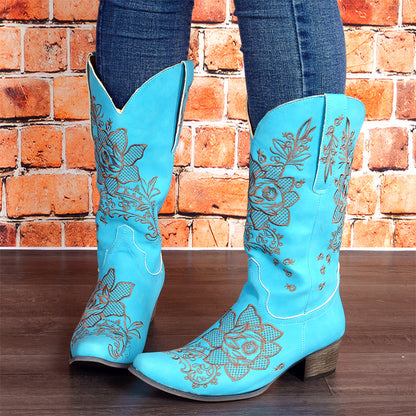Sarah Express Women's Embroidered Ethnic Mid-Calf Boots - Comfortable Chunky Heel Square Toe Blue