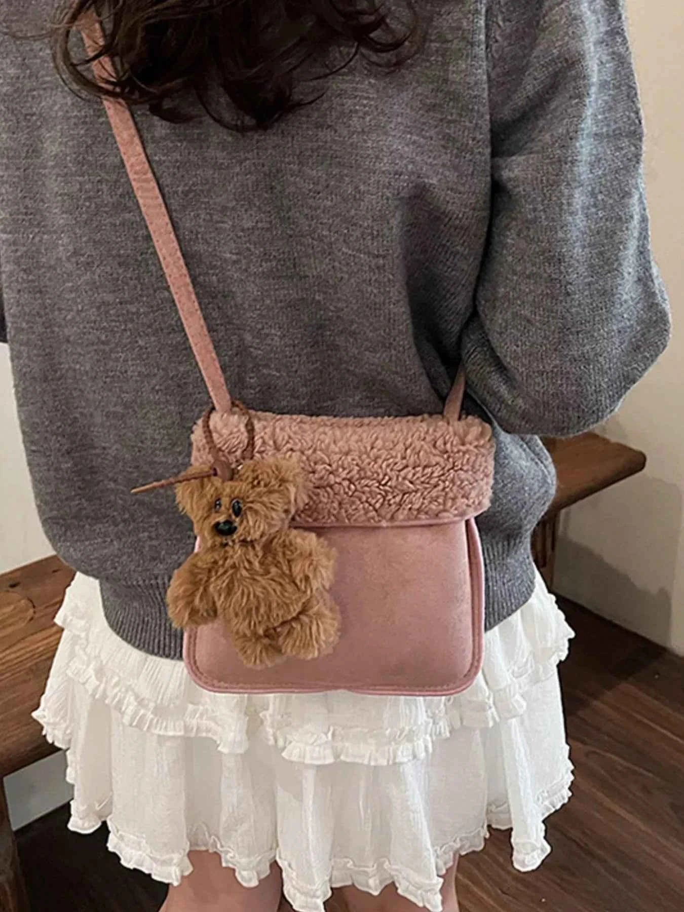 Sarah Express Women's Teddy Bear Charm Plush Crossbody Bag - Mini Suede Shoulder Bag