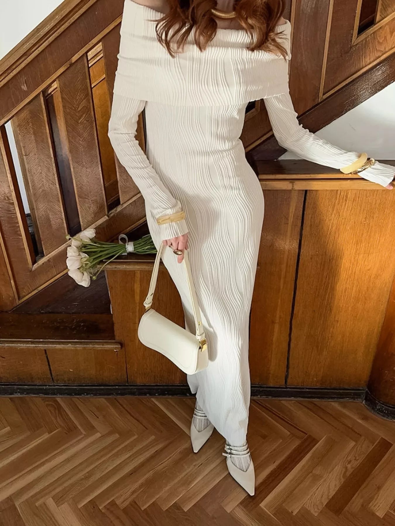 Sarah Express Women's Off-Shoulder Textured Knit Maxi Dress