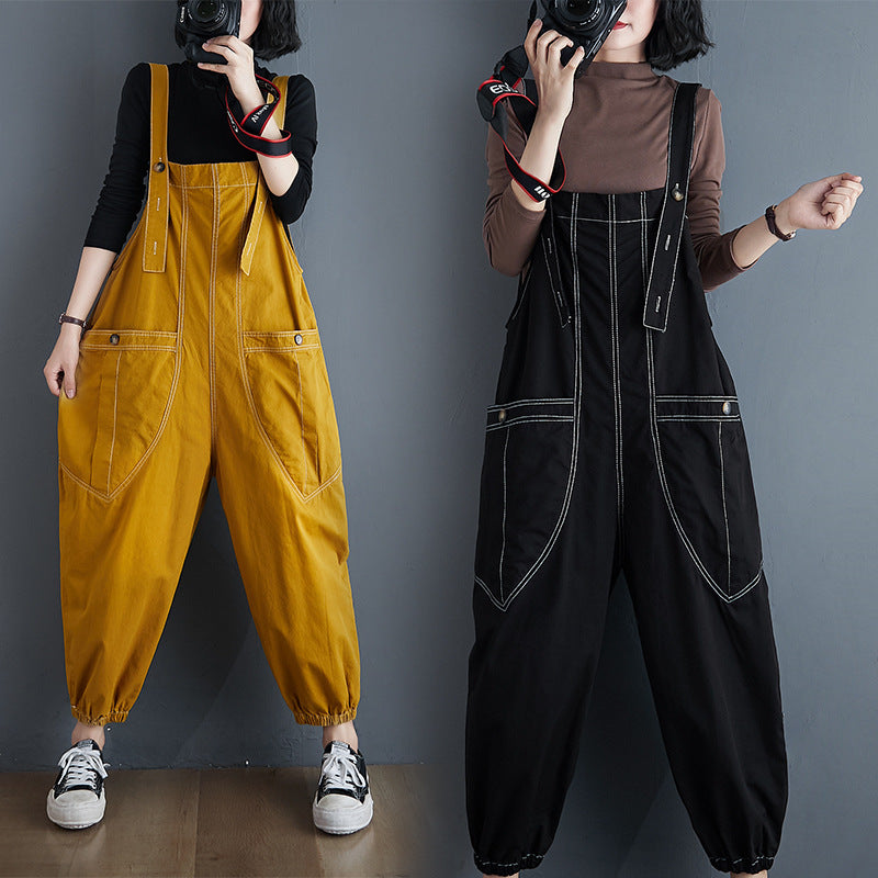 Sarah Express Women's Loose Fit Cotton Overalls Plus Size Relaxed Jumpsuit Korean Style Casual Pants