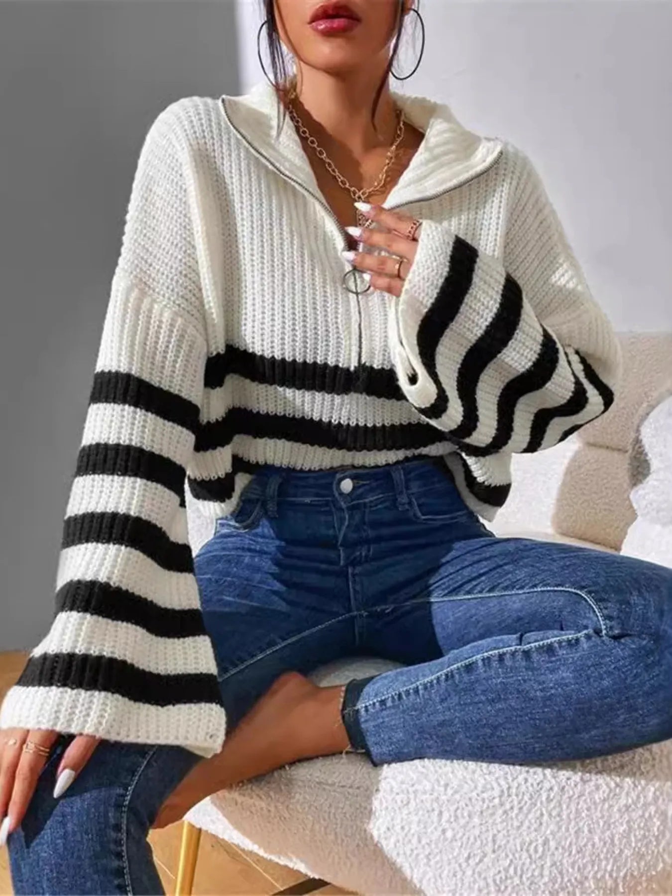 Sarah Express Women's Striped Half Zip Cropped Sweater