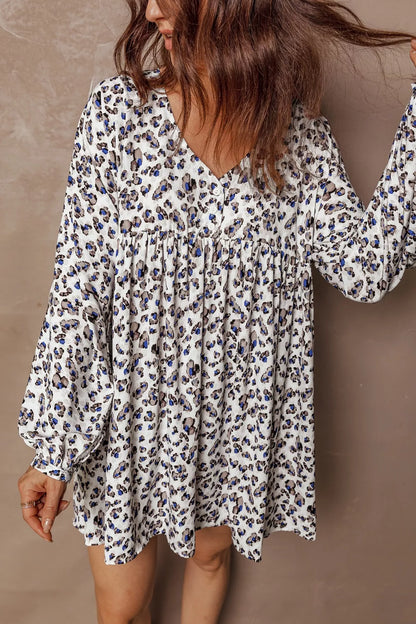 Sarah Express Women's Leopard Print V Neck Button Detail Long Sleeve Mini Dress