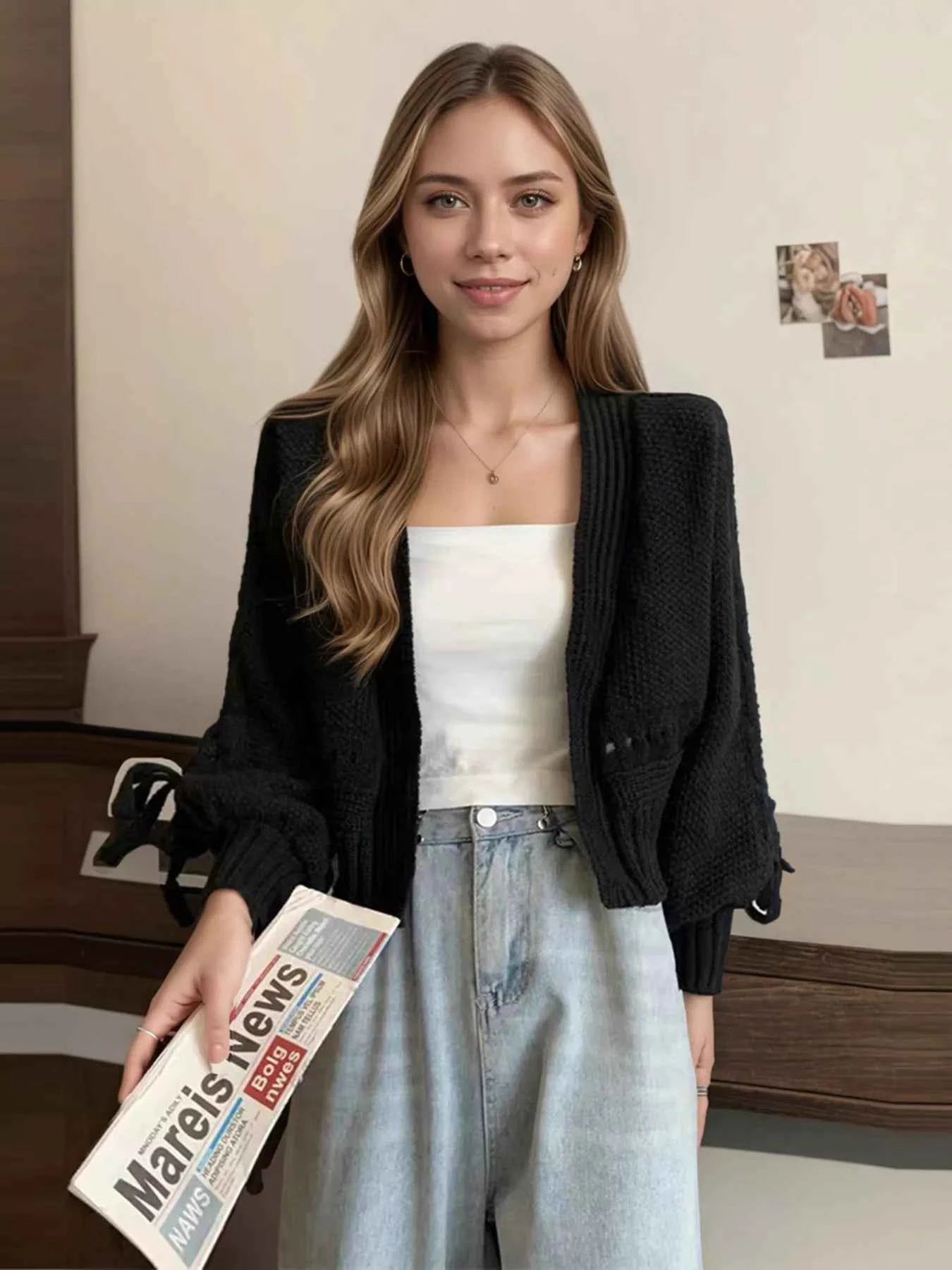 Sarah Express Women's Chunky Knit Tie Cardigan - Long Sleeve Open Front Sweater Black One Size