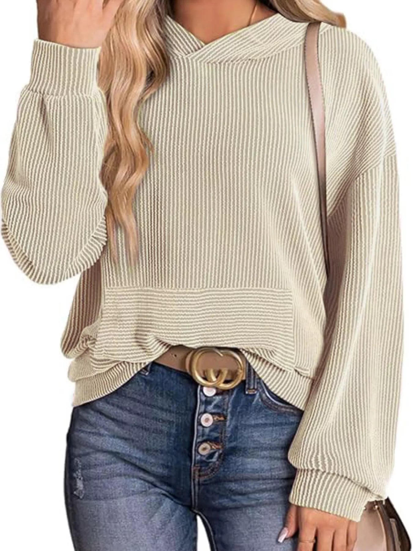 Sarah Express Women's Ribbed Oversized Hoodie Sweatshirt with Pocket Apricot