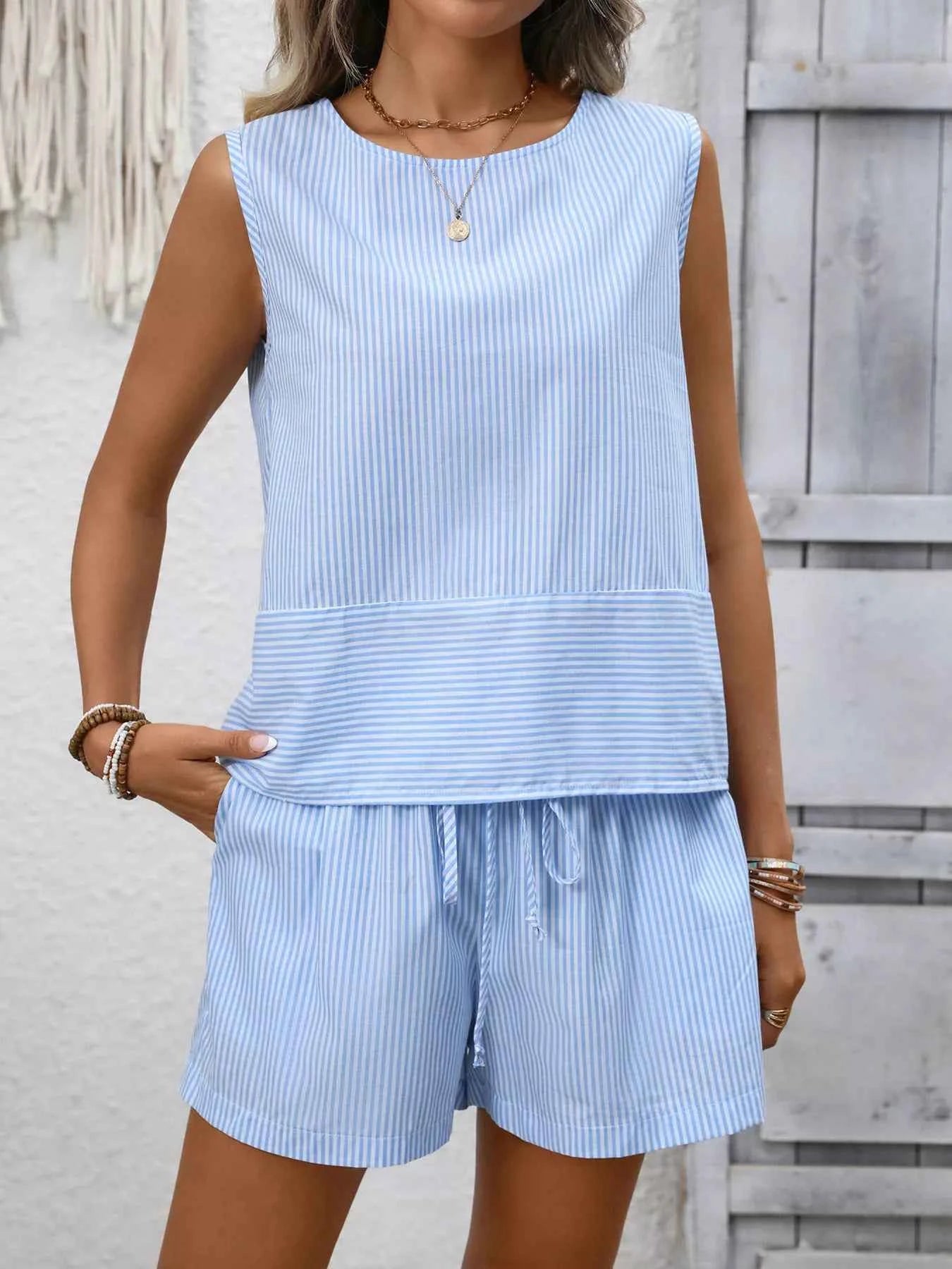 Sarah Express Women's Striped Sleeveless Top & Drawstring Shorts Set - Two Piece Summer Outfit