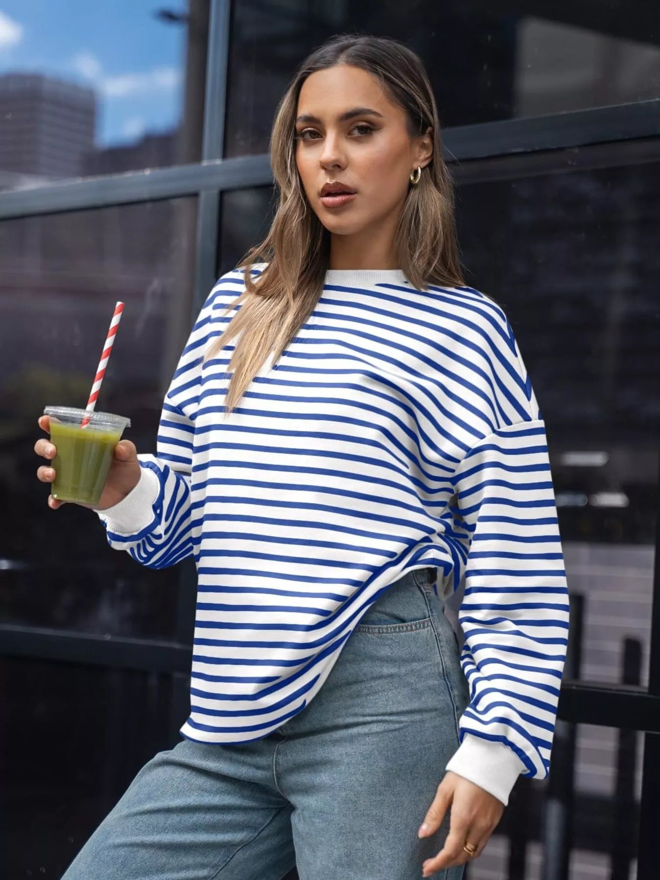 Sarah Express Women's Striped Round Neck Oversized Casual Sweatshirt Blue
