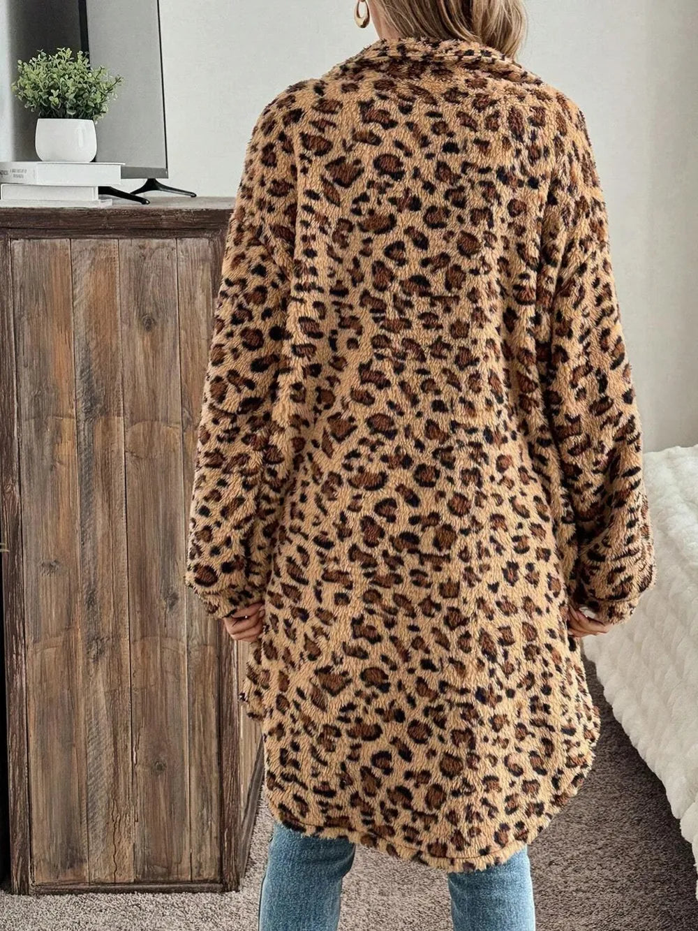 Sarah Express Women's Leopard Print Button Up Long Sleeve Fuzzy Coat
