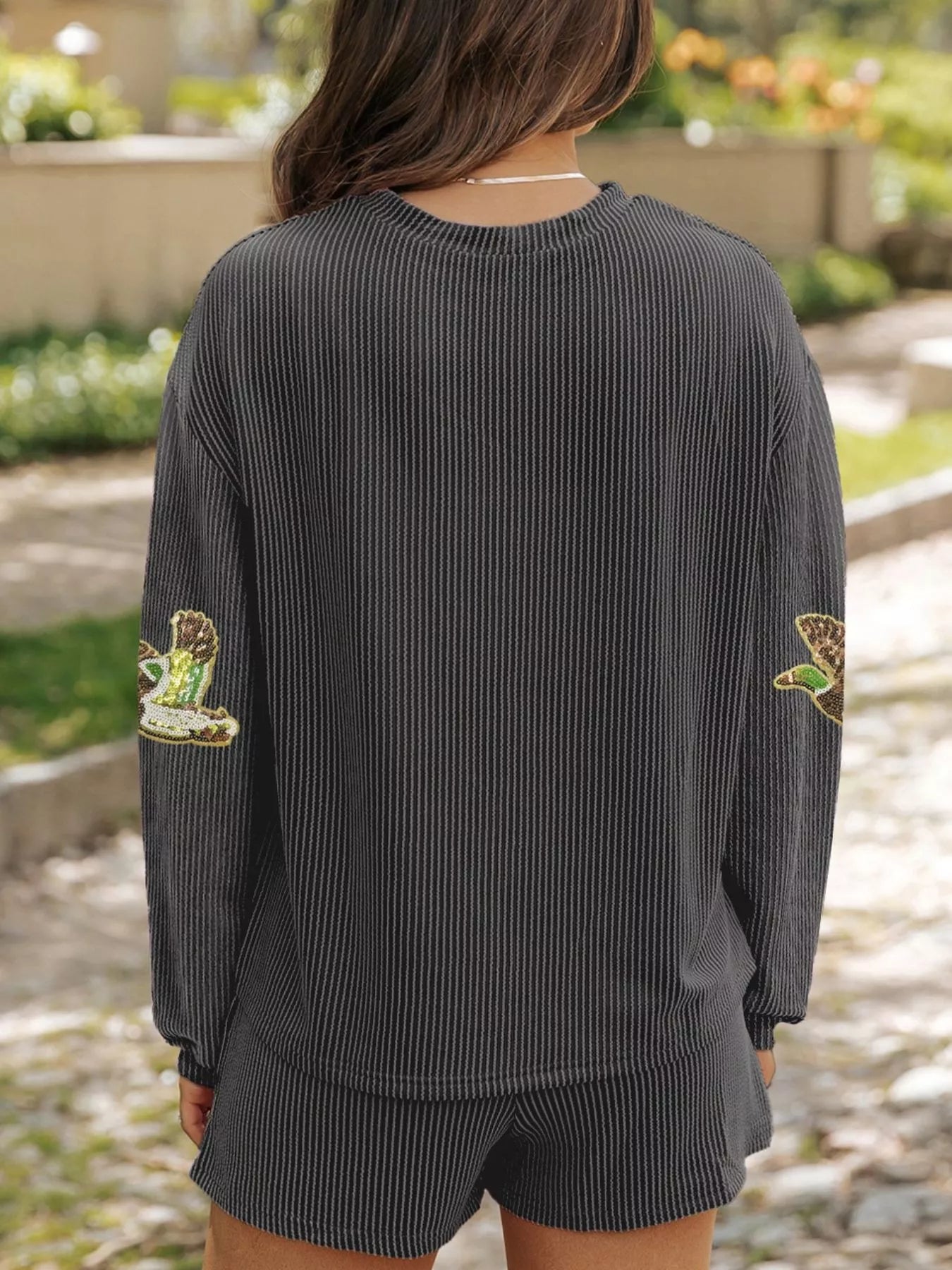 Sarah Express Women's Flying Mallard Sequin Patched Ribbed Long Sleeve Top and Shorts Set