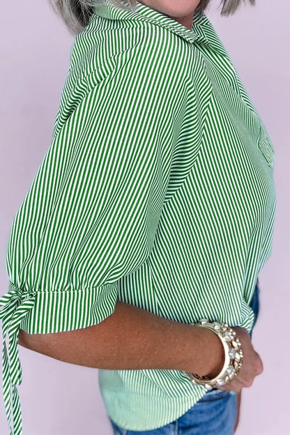 Sarah Express Women's Striped Print Collared Split Neck Half Sleeve Blouse