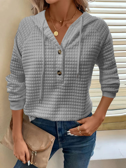 Sarah Express Women's Textured Button Detail Drawstring Long Sleeve Hoodie