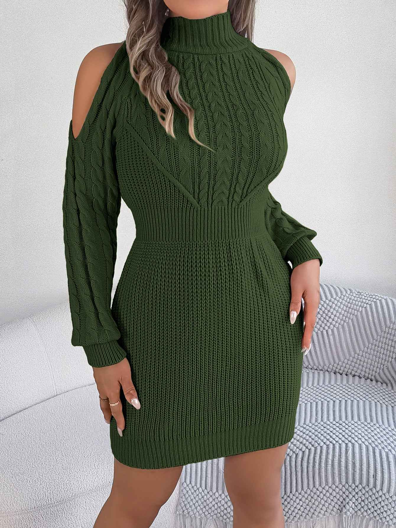 Sarah Express Women's Off-Shoulder Cable Knit Sweater Dress - Bodycon Turtleneck Lantern Sleeve Dress