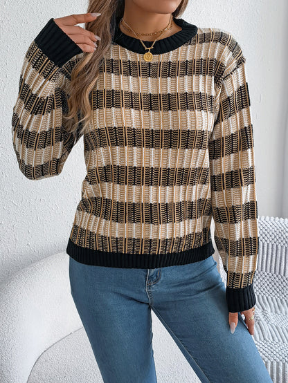 Sarah Express Women's Retro Striped Sweater with Lantern Sleeves - Round Neck Pullover