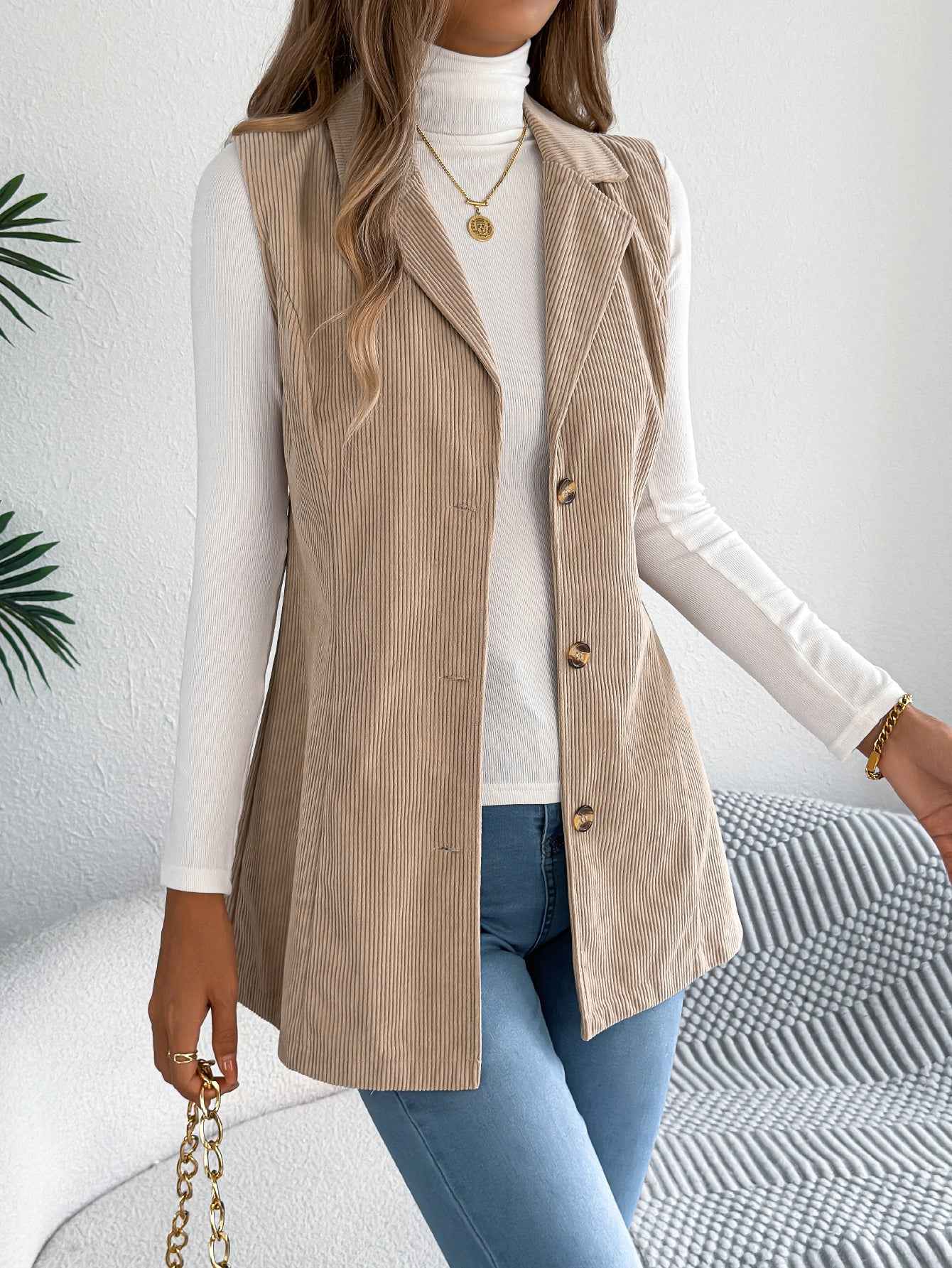 Sarah Express Women's Single-Breasted Corduroy Vest Jacket Blazer