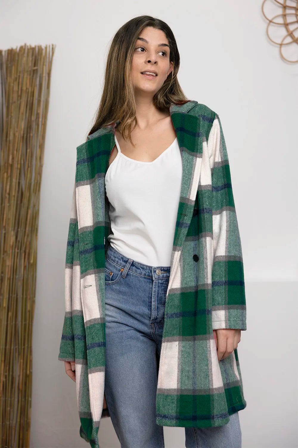 Sarah Express Women's Plaid Button Up Lapel Collar Coat Green