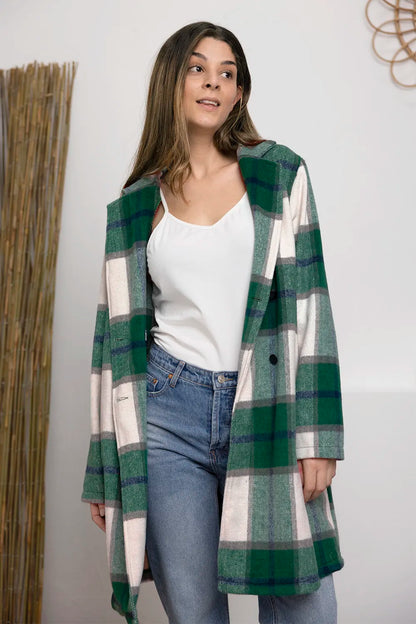 Sarah Express Women's Plaid Button Up Lapel Collar Coat Green
