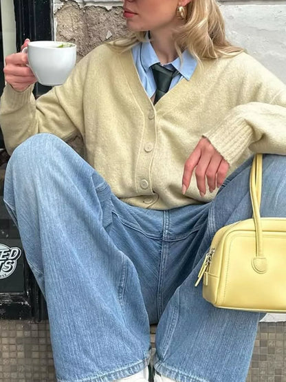 Sarah Express Women's Casual Knit Button-Down Cardigan Pastel Yellow