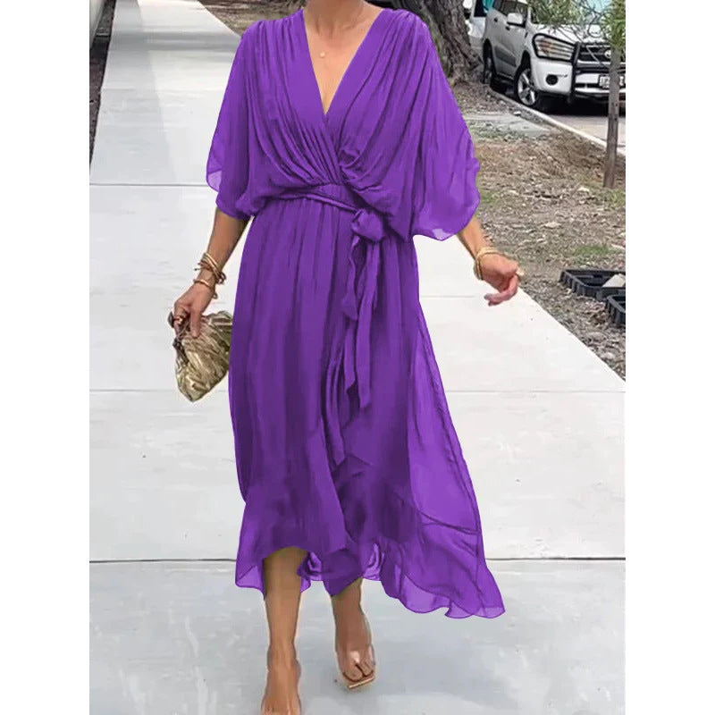 Sarah Express Women's Batwing Sleeve V-Neck Dress Summer Tie Detail Irregular Hem Mid-Length Fairy Dress