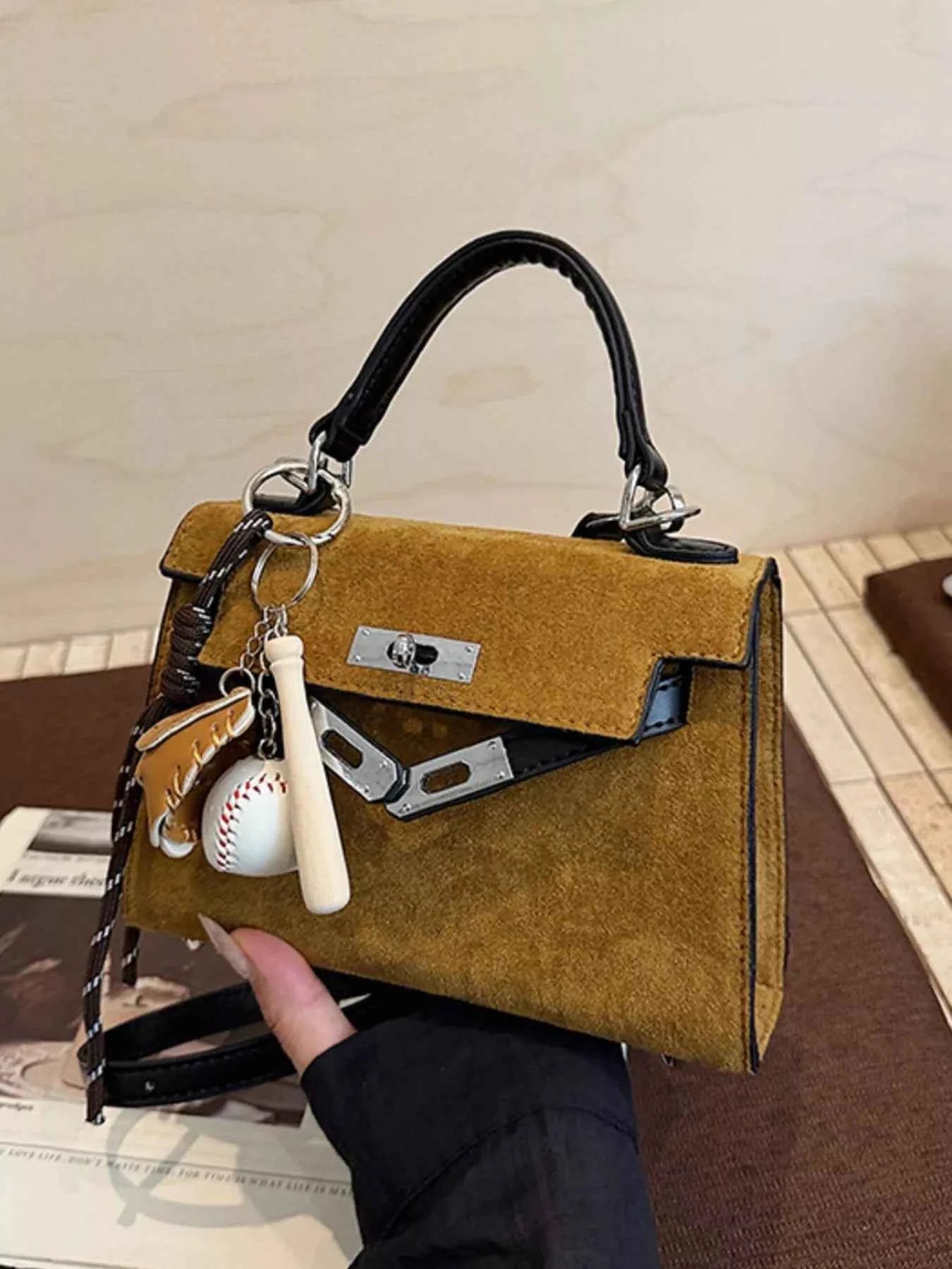 Sarah Express Women's Mini Crossbody Bag with Baseball Charm - Suede Shoulder Bag Caramel ONESIZE