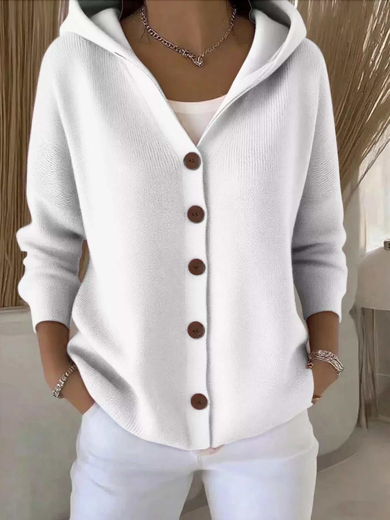 Sarah Express Women's Hooded Button-Down Knit Cardigan Gray white