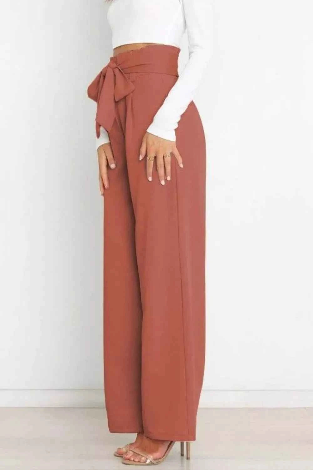 Sarah Express Women's High Waist Tie Front Wide Leg Pants - Pocketed Palazzo Trousers