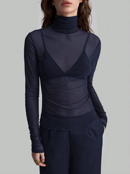 Sarah Express Women's Sheer Turtleneck Long Sleeve Top Navy Blue