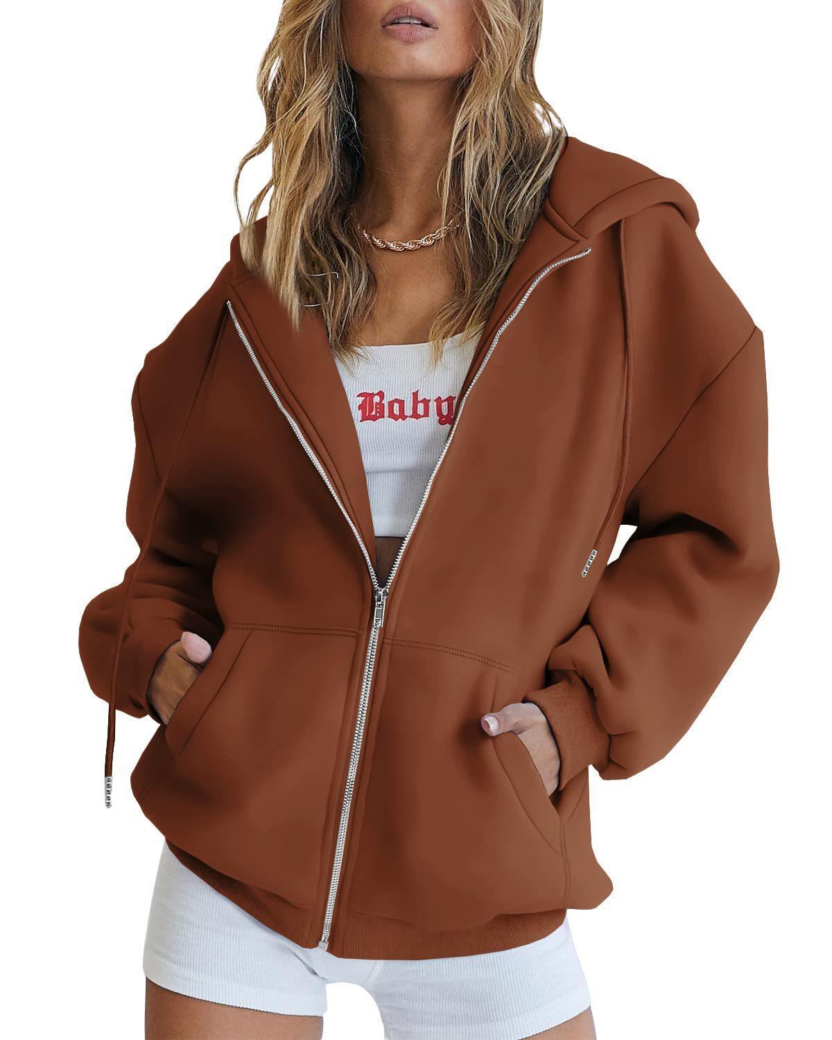 Sarah Express Women's Zip Up Hoodie Solid Color Drawstring Sweatshirt Casual Long Sleeve Fall Winter Top