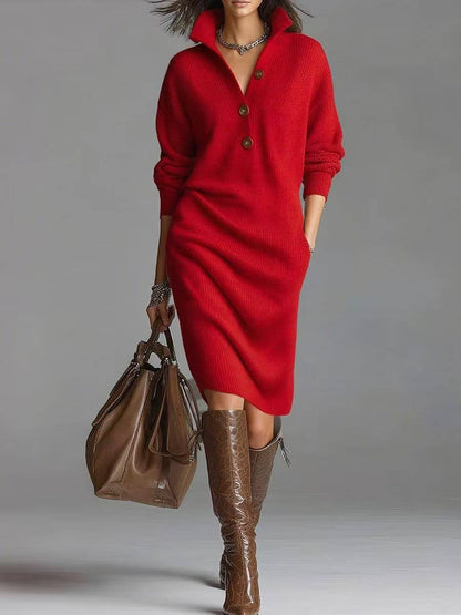 Sarah Express Women's Button-Front Sweater Dress - Warm Stand Collar V-Neck Pullover Red
