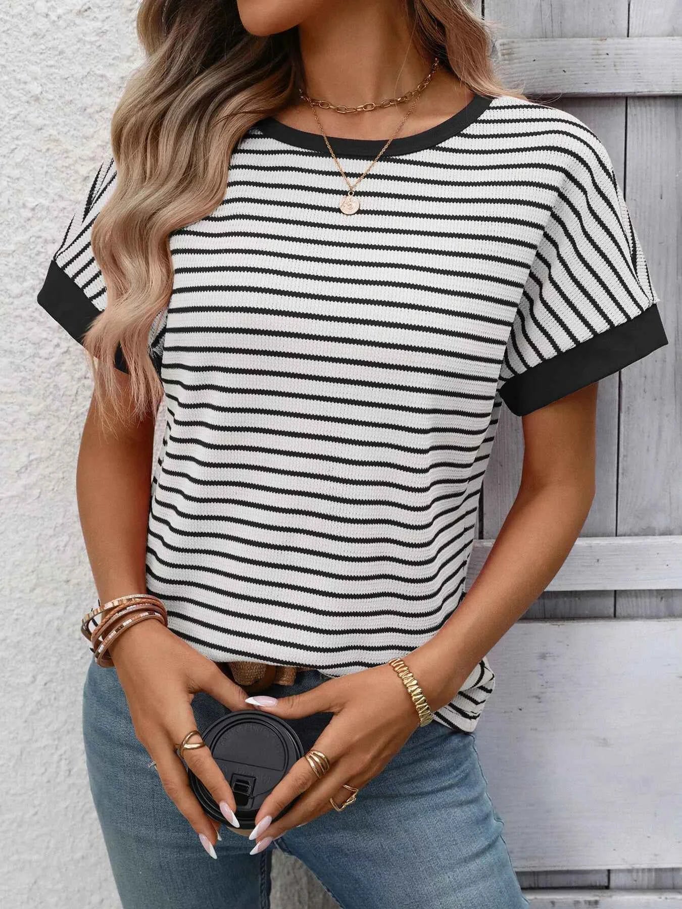 Sarah Express Women's Striped Ribbed Knit Short Sleeve T-Shirt White